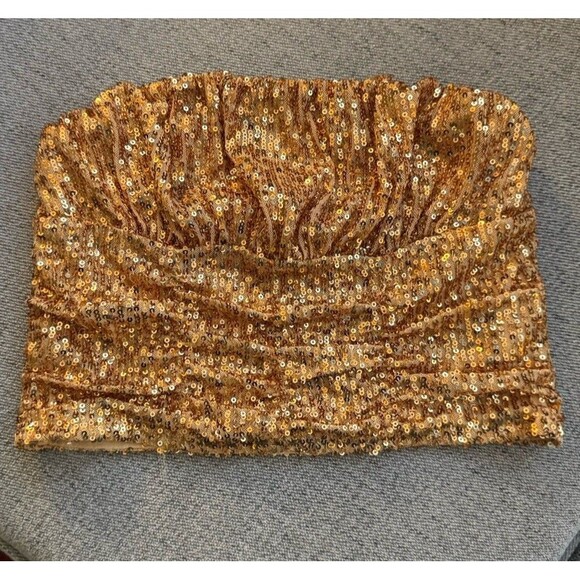 Free People XS Ta Da Sequin Embellished Crop Top Gold No Straps Y2K Party Club - Picture 3 of 16